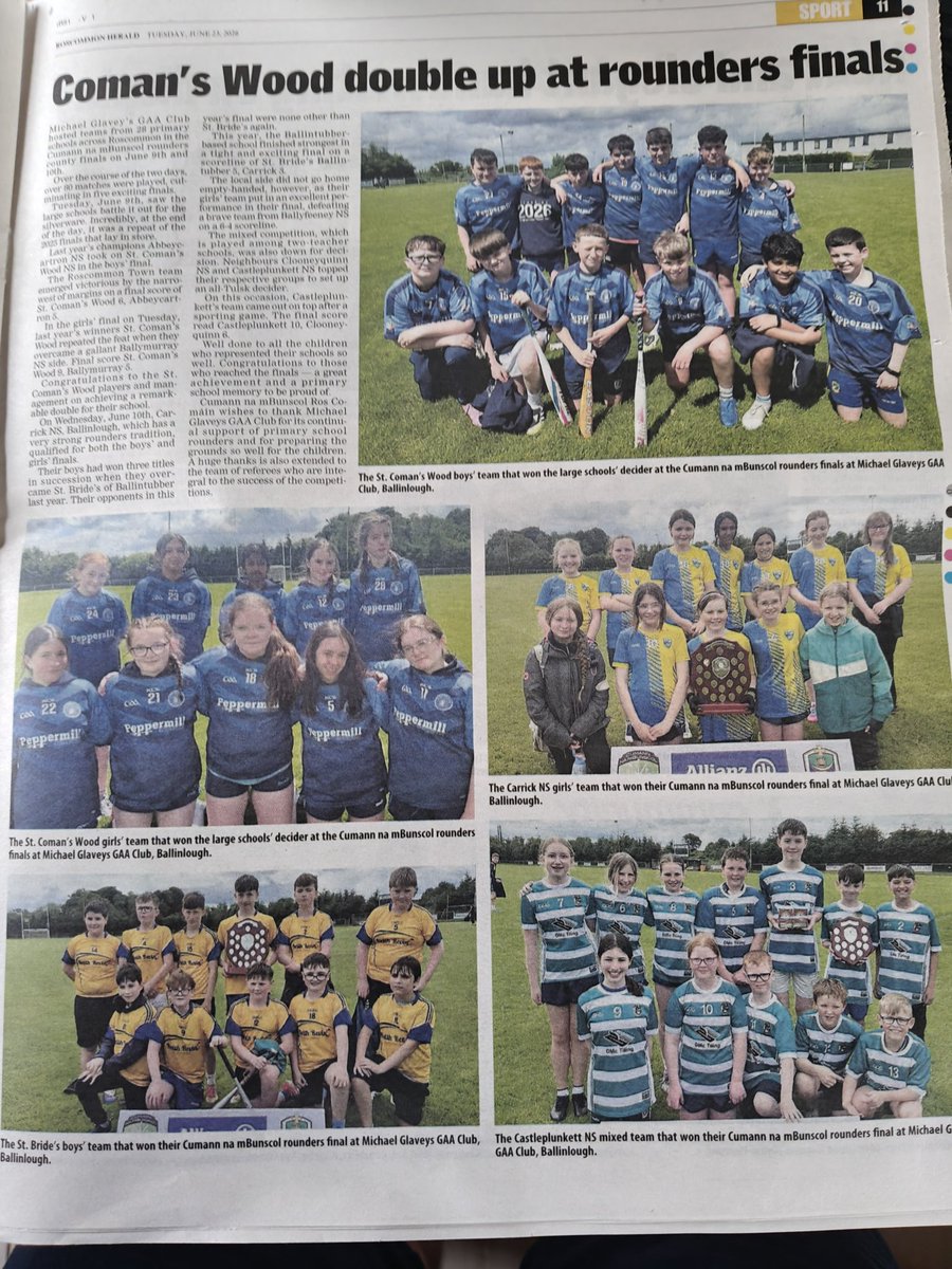 rosgaaschools's tweet photo. Míle buiochas go @cooney_ian agus @RoscommonHerald for their coverage of our rounders finals. Thanks to @glaveys for their superb hosting of the finals and well done to all the teams involved.@cnambnaisiunta @ConnachtCnamB @conroundersoff @GAARoundersoffi @AllianzIreland #cnmb https://t.co/CGOid97wHu