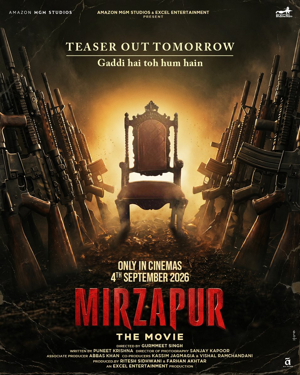 FarOutAkhtar's tweet photo. Gaddi hai toh hum hain. #MirzapurTheMovie Teaser out tomorrow at 12PM. 

Watch #MirzapurTheMovie only in cinemas in Hindi & Telugu

#AliFazal @TripathiiPankaj @divyenndu #JitendraKumar @ravikishann @nowitsabhi @RasikaDugal @battatawada @ShriyaP @HarshitaGaur12 @sushant_says @ItsMohitMalik #SheebaChadha @rajeshtailang @sonalchauhan7 @thepramodpathak @AnangshaB @gurmmeet #PuneetKrishna @ritesh_sid @J10kassim @vishalrr #AbbasKhan @excelmovies @AMZMGMstudiosIN @AAFilmsIndia