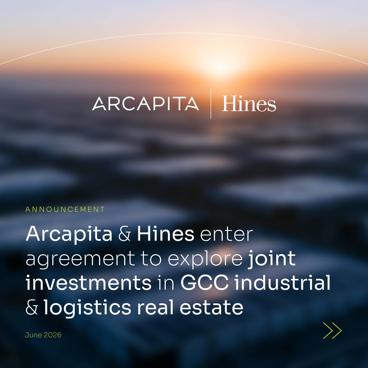 Arcapita's tweet photo. We are pleased to announce that Arcapita, the global alternative investment firm and Hines, one of the world’s largest real assets investment managers, have entered into an agreement to explore joint investments in industrial and logistics real estate assets across the GCC region.

The partnership aims to explore the creation of an institutional-grade platform, combining Hines’ global real estate investment, development, and operating standards with Arcapita’s regional investment, structuring, and asset management expertise, supported by Lintara Properties, Arcapita’s real estate development platform.

 The agreement reflects both firms’ shared conviction in the long-term growth of the GCC industrial and logistics sector, supported by economic diversification, supply chain resilience, and growing demand for modern logistics infrastructure.
