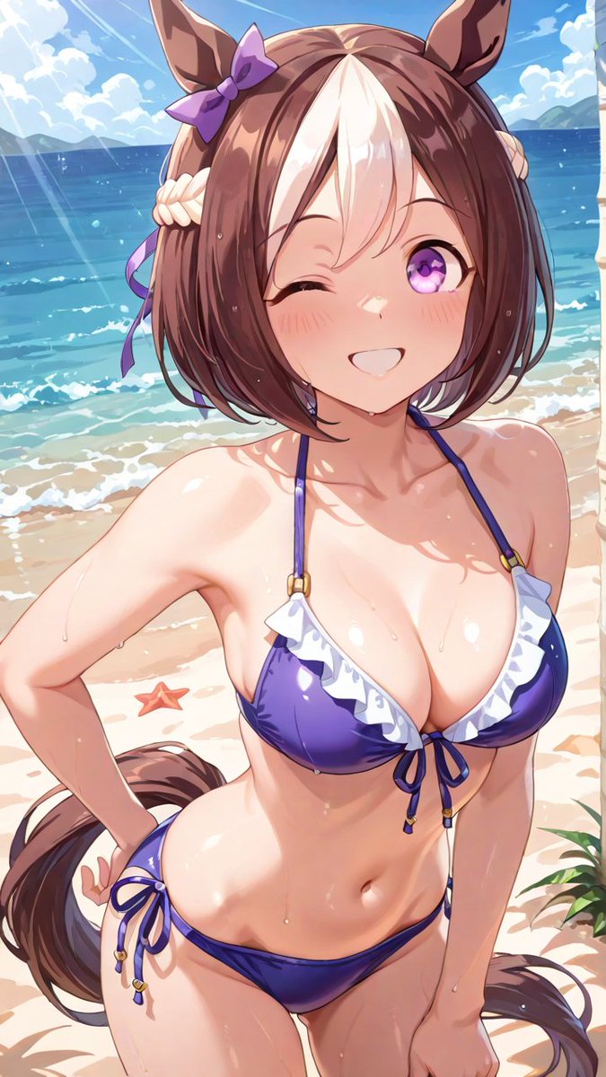 notes9999's tweet photo. 「えへへ、この水着……ちょっと恥ずかしいですけど、トレーナーさんに褒めてもらえて、すっごく嬉しいです！」
#ウマ娘
#スペシャルウィーク
SWF illustration ／AIart
Umamusume: Pretty Derby／Special Week https://t.co/l0lF2CDdQs