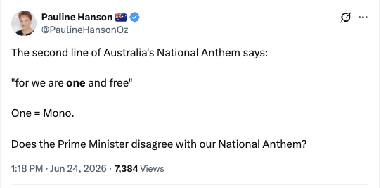 JoshButler's tweet photo. The Morrison govt changed the line from "young" to "one" in 2020, explicitly to be more inclusive to Indigenous Australians, and recognise multiculturalism

By the by, the anthem's second verse also says:

"For those who’ve come across the seas, We’ve boundless plains to share" https://t.co/ApAsw0rX2w