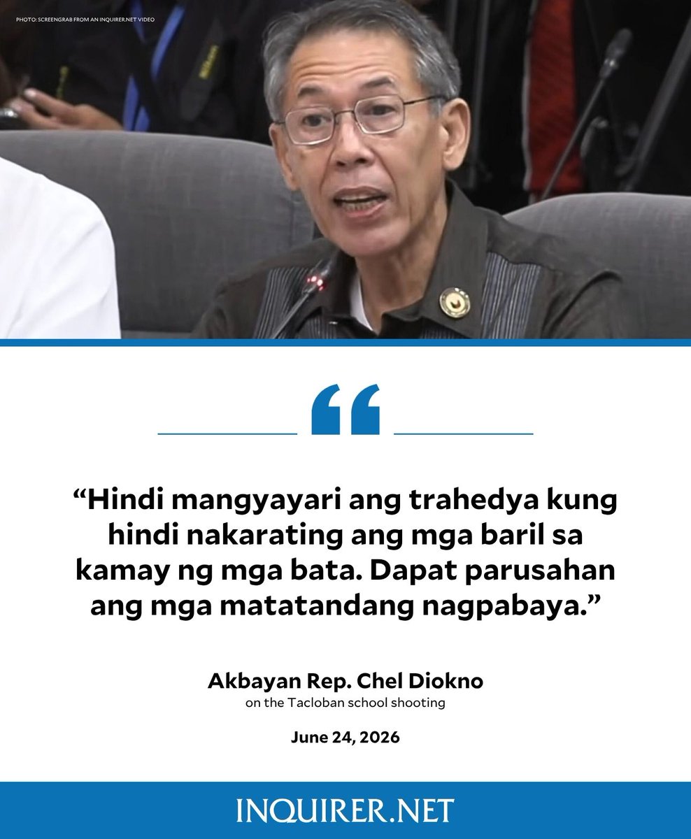 inquirerdotnet's tweet photo. ‘DAPAT PARUSAHAN ANG MGA MATATANDANG NAGPABAYA’

Akbayan Rep. Chel Diokno calls for accountability from adults whose negligence allowed minors access to firearms following the Tacloban school shooting.

READ RELATED STORY: https://t.co/3OgfNfi70P https://t.co/qgwFNG4AzL