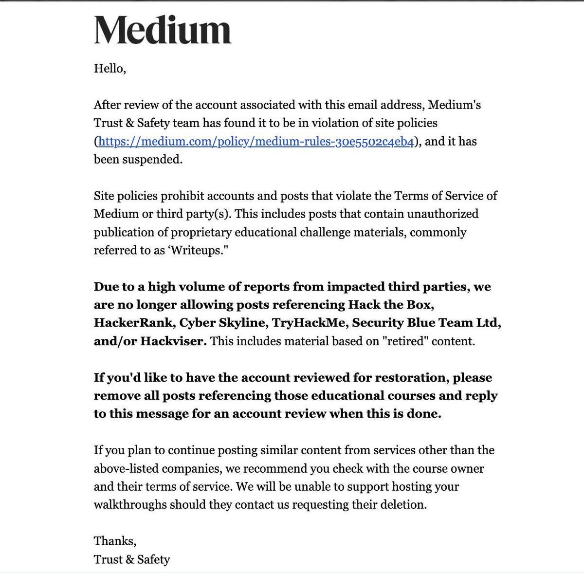 CyberKareem's tweet photo. Just got my blog suspended on @Medium  for posting @hackthebox_eu writeups.
Stop renting, start owning. Standing up my own blog next "https://t.co/uI4535uVxe".
Thanks for the ride, Medium. 
On to the next one. https://t.co/1766OnQmiD