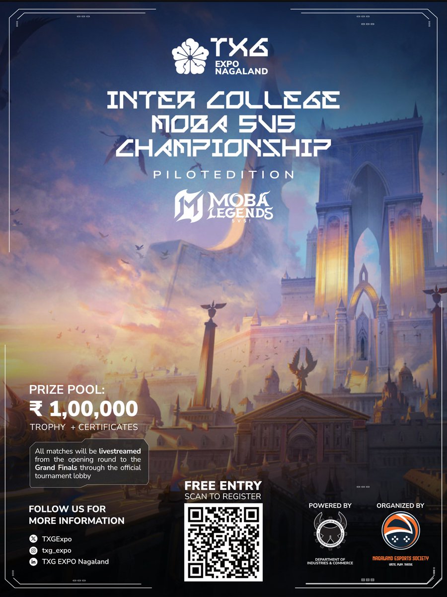 nagalandesport's tweet photo. Registrations are open for the Inter College MOBA 5v5 Championship!
- ₹1,00,000 prize pool
- Free entry
- One team per college
- All matches livestreamed
Register before 30 June.
Scan the QR or contact +91 87328 54145
Powered by the Directorate of Industries &amp; Commerce
#TXGExpo https://t.co/sLVxFJElDh