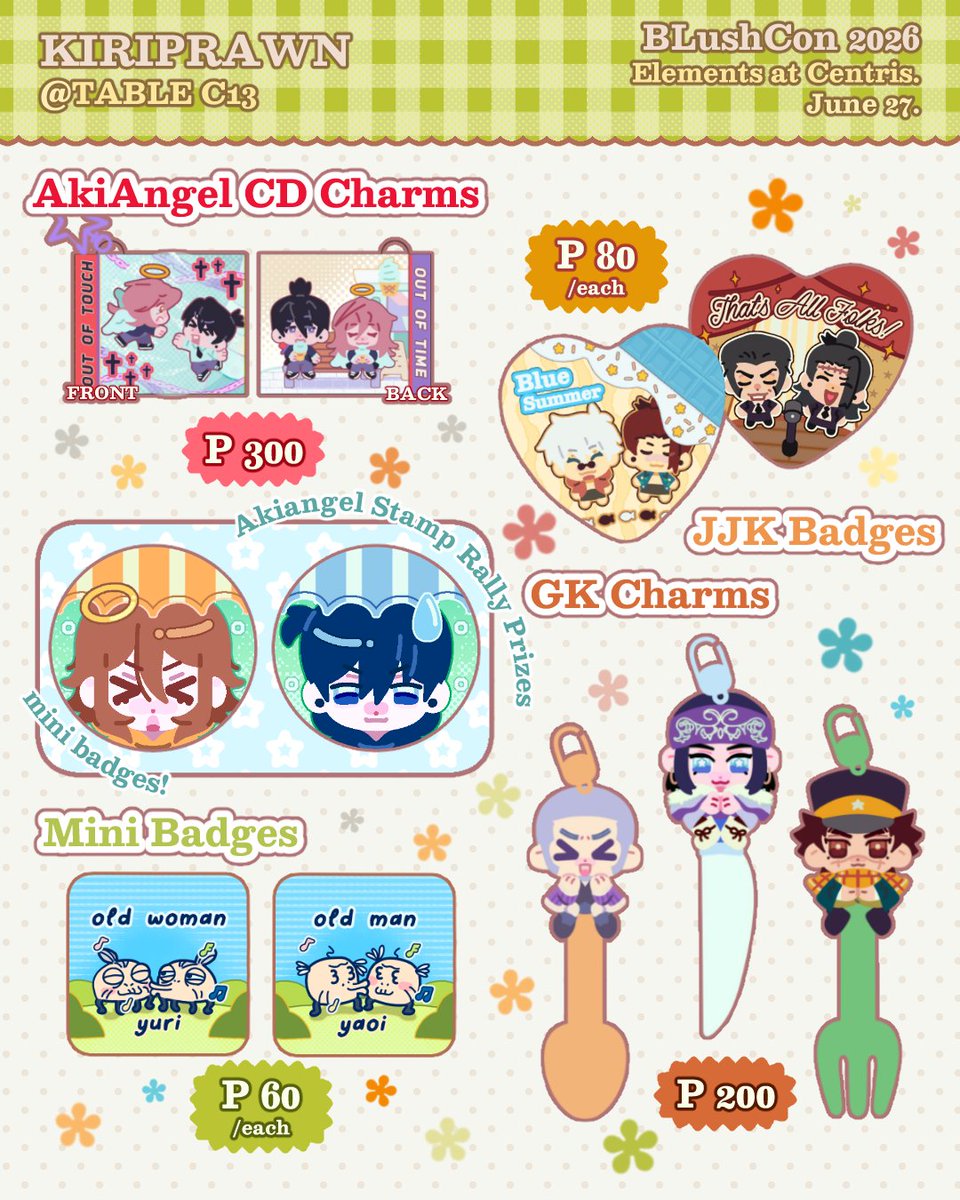 kiriprawn's tweet photo. [RTs 🩶]
hiii!! posting my #BLushCon catalog late again!! 👴 i'll be at Table C13 w new merchies 🤤 see ya then!!

👴 iwtv, phm, gomens, hannigram, tfone
👴 reservations until june 26 8PM ONLY

stamp rallies and product preview/s below if i remember 🥶👇 https://t.co/bStU2MkCDm