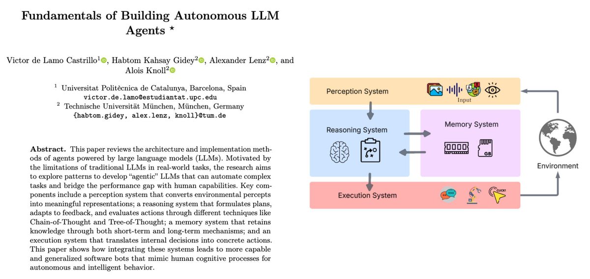 mdancho84's tweet photo. The Fundamentals Of Building Autonomous LLM Agents

 A 38-page PDF that uncovers the secrets of building AI agents that are "agentic"

Get it here: https://t.co/37D8QL2LhG