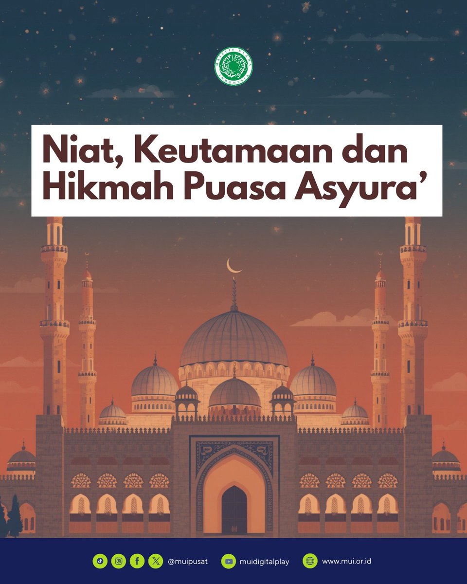 muipusat's tweet photo. Puasa Asyura merupakan salah satu amalan sunnah yang sangat istimewa karena memiliki keutamaan luar biasa, salah satunya dapat melebur dosa-dosa kita selama setahun yang lalu sebagaimana dijelaskan dalam dalil. Menariknya, ibadah mulia ini ternyata sudah dikenal luas dan diamalkan oleh para nabi terdahulu sebelum masa Rasulullah SAW, termasuk Nabi Nuh dan Nabi Musa AS.

#MUI ​#PuasaAsyura #AmalanSunnah #PuasaSunnah #NiatPuasaAsyura