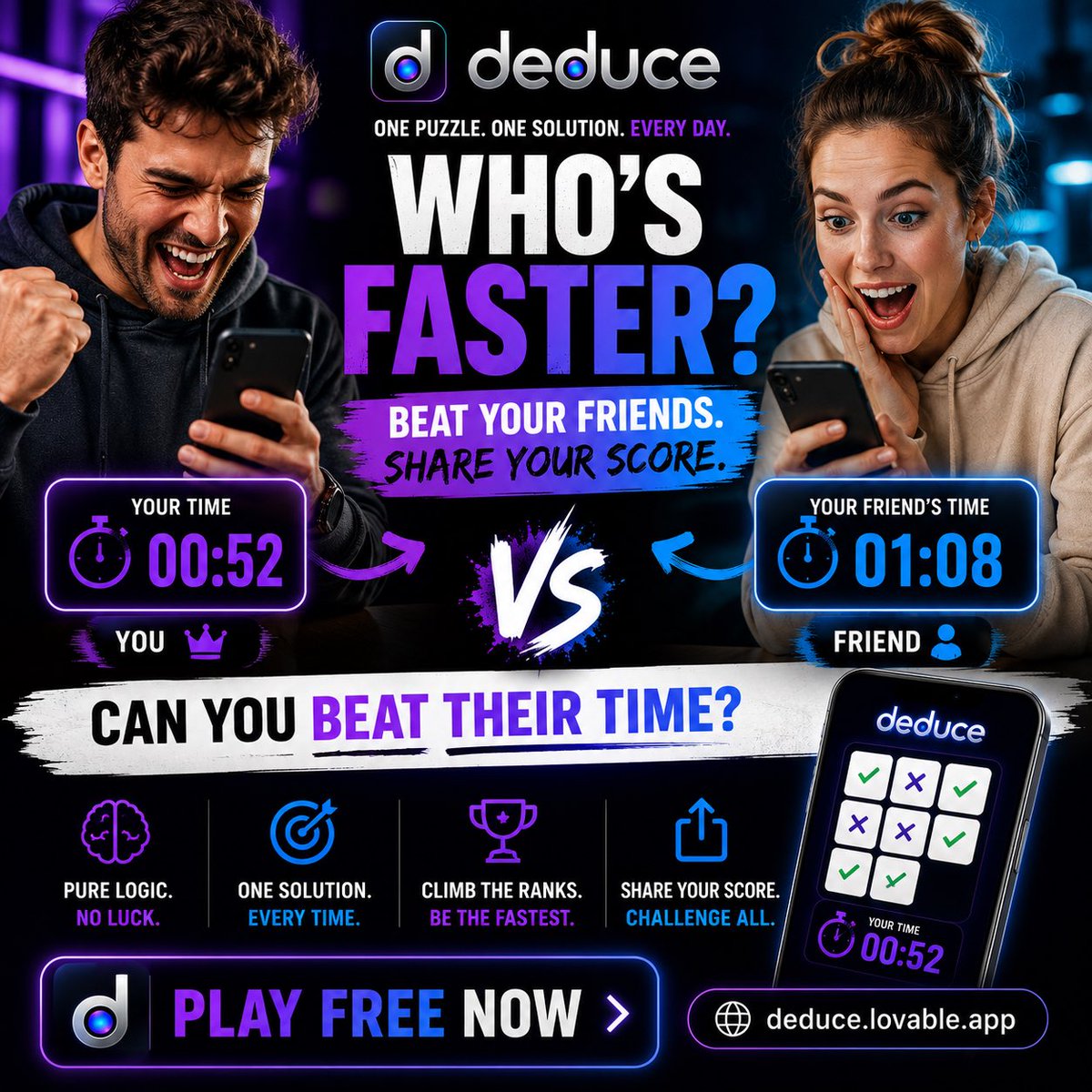 PlayDeduce's tweet photo. @aether_uiux 🧠 Think you’re the smartest in your group chat?

Solve today’s Deduce puzzle, share your time, and challenge your friends to beat it.

One puzzle. One solution. One winner.

🔗 https://t.co/zWyGh9t0wu

#LogicPuzzle #PuzzleGame #BrainTeaser https://t.co/wm7uUs9X2S