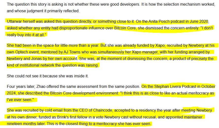hodlonaut's tweet photo. "On the Stephan Livera Podcast in October 2024, she (Gloria Zhao) described the Bitcoin Core development environment: "I think this is as close to like an actual meritocracy as I've ever seen."

She was recruited by cold email from the CEO of Chaincode, accepted to a residency the year after meeting Newbery at his own dinner, funded as Brink's first fellow in a vote Newbery cast without recusal, and appointed maintainer nineteen months later. This is the closest thing to a meritocracy she has ever seen."

https://t.co/mtGy0KVPsj