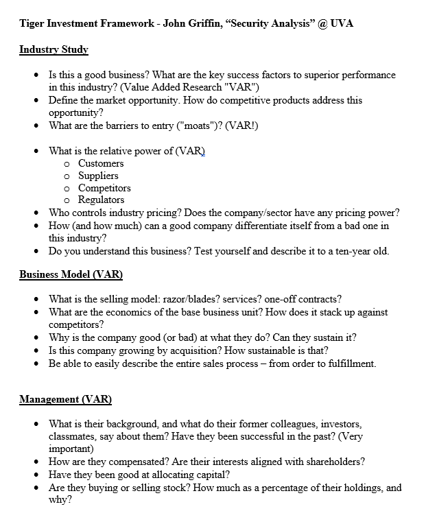 gregoryblotnick's tweet photo. "Tiger Cub Investment Framework" -- taught by John Griffin in his Security Analysis class at Darden &amp; CBS decades ago https://t.co/srFCoJfPKt