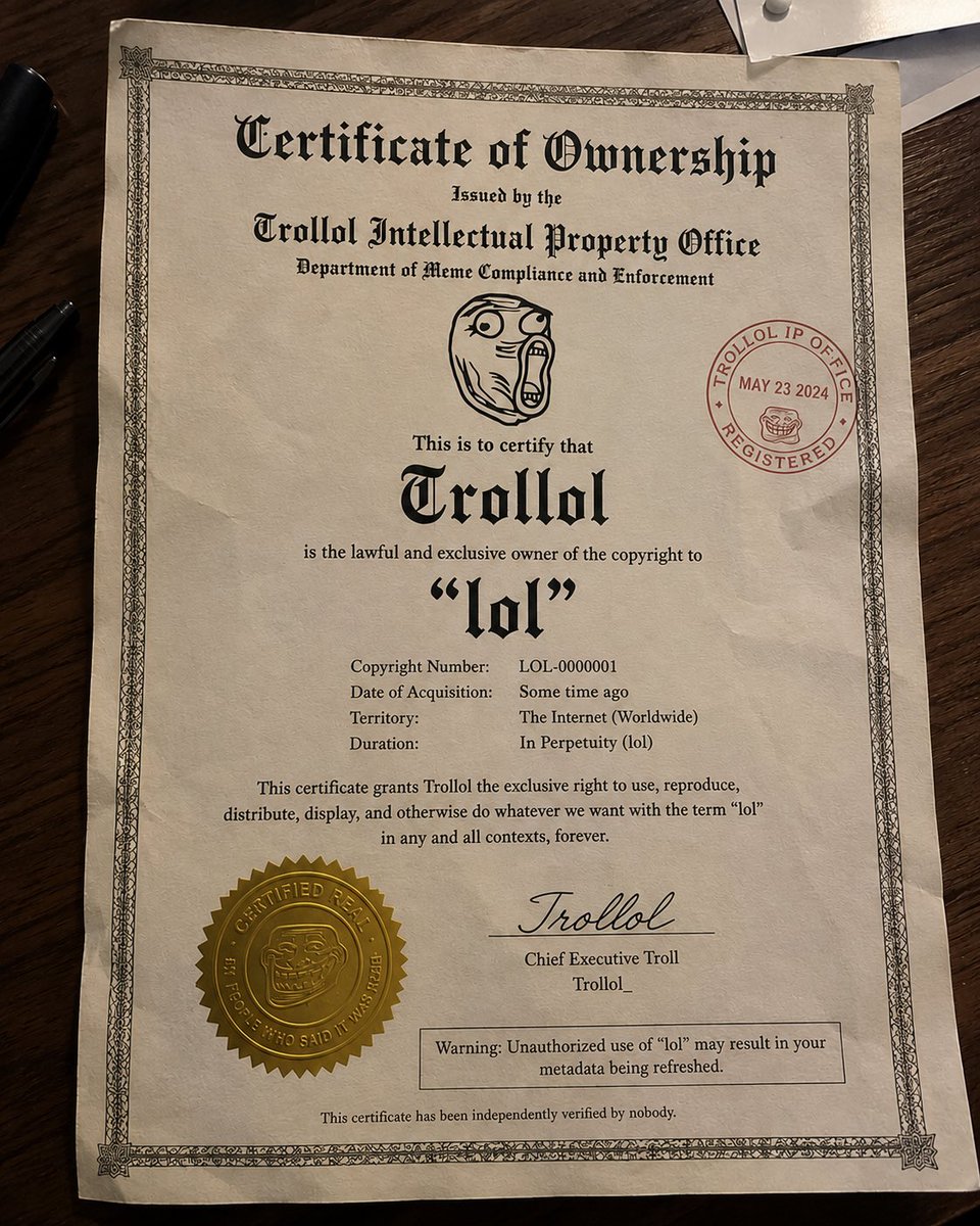 Trollol___'s tweet photo. ANNOUNCEMENT: Trollol now owns the copyright to “lol” https://t.co/temdKHJnd4