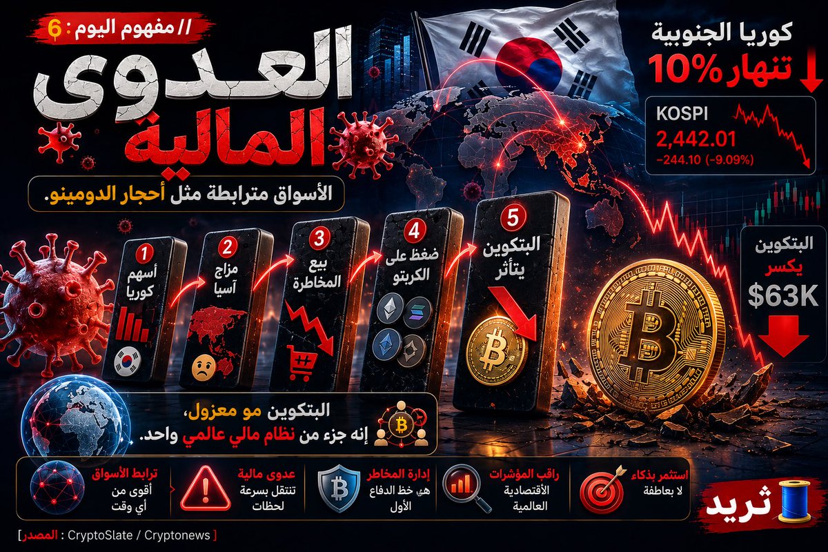 Mishari_91's tweet photo. 6/ مفهوم اليوم: "العدوى المالية" 🦠

الأسواق مترابطة مثل أحجار الدومينو.

أسهم كوريا → مزاج آسيا → بيع المخاطرة → #البتكوين.

البتكوين مو معزول، إنه جزء من نظام مالي عالمي واحد. https://t.co/aBkfdLV0gq