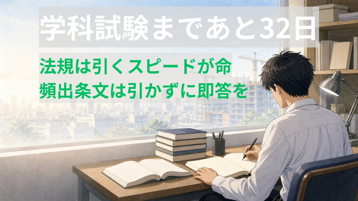 sa0001225's tweet photo. 【学科まであと32日】

法規は「引くスピード」で点が決まります。しかし全部引くと時間切れに。頻出条文は引かずに答えられるところまでやり込みましょう。
得点源にできる頼れる科目です。

#一級建築士 #一級建築士学科 https://t.co/5x8t6tLSFA