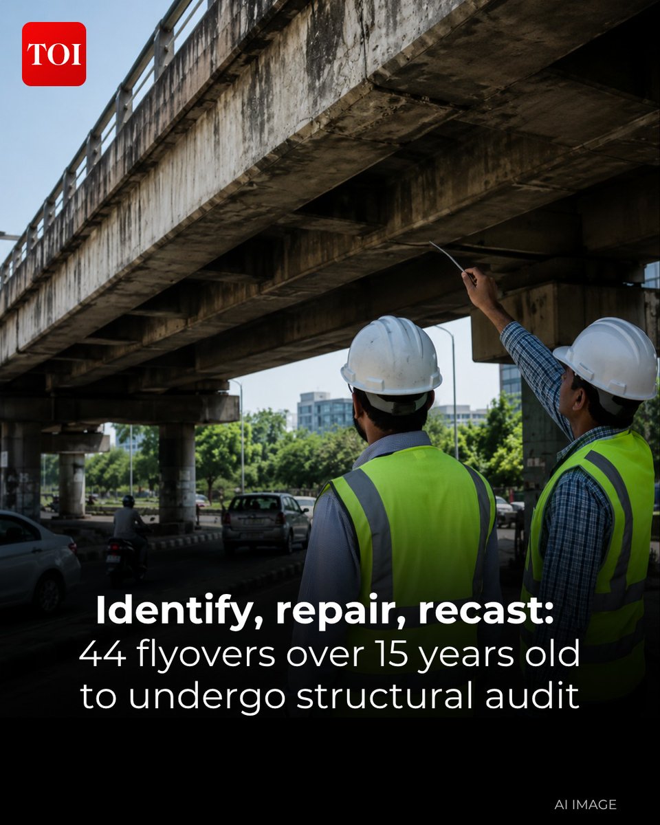 timesofindia's tweet photo. #Delhi's Public Works Department is launching structural audits for 44 flyovers older than 15 years, with some dating back three decades. This #proactive measure, costing Rs 11 crore, aims to identify and address potential safety risks before they become critical.
More details 🔗 https://t.co/i3UMwh8KYA
Story only available on the TOI app, download now! 👉 https://t.co/ogFaRsUKyn