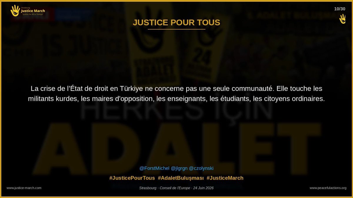 stop_rh's tweet photo. La crise de l'État de droit en Turquie ne concerne pas une seule communauté. Elle touche les militants kurdes, les maires d'opposition, les enseignants, les étudiants, les citoyens ordinaires.
@ForstMichel @jlgrgn @czolynski
#JusticePourTous  #AdaletBuluşması  #JusticeMarch https://t.co/FAJ2rxiblN