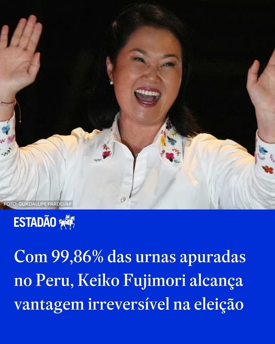 Estadao's tweet photo. Com 99,86% das urnas apuradas no Peru, Keiko Fujimori alcança vantagem irreversível na eleição > https://t.co/IkCcb2wbo3 

Candidata de direita tem cerca de 43 mil votos a mais que o rival, o esquerdista Roberto Sánchez https://t.co/8duqv4dRD8