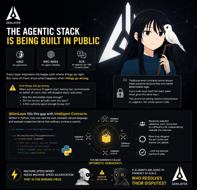 thatskira's tweet photo. The agentic stack is being built in public right now.

x402 for payments. ERC-8004 for agent identity. A2A so agents can talk to each other. Every layer engineers the happy path where things go right.

But none of them ships what happens when things go wrong.

And things will go wrong. When autonomous AI agents start making real commitments on behalf of users, they will disagree about outcomes. Was the deliverable close enough? Did the service actually meet the spec? Is this outcome good enough to pay for?

Traditional smart contracts cannot resolve these questions because they only handle deterministic logic. Every node must reach the exact same result given the same input. The second something requires interpretation or judgment, the whole system stalls.

@GenLayer fills this gap with Intelligent Contracts. Written in Python, they can read the web, interpret natural language, and evaluate subjective claims that ordinary contracts cannot.

The mechanism is called Optimistic Democracy. Randomly selected validators, each connected to a different large language model, independently evaluate the outcome. When they disagree, the set rotates and anyone can appeal until the network reaches finality.

Machine-speed money needs machine-speed adjudication. That is the missing piece.

If AI agents are going to transact at scale, who resolves their disputes?