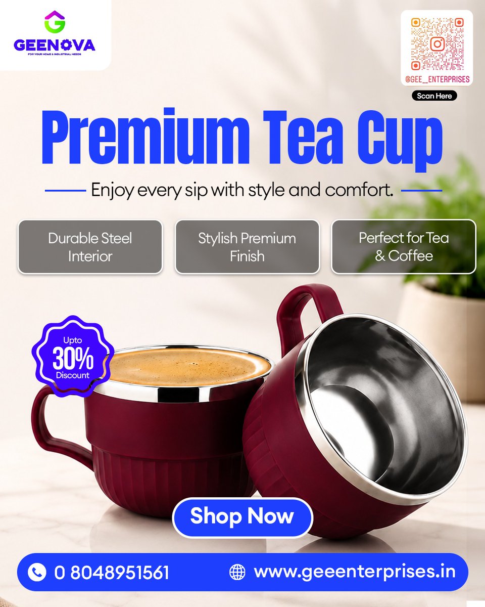 kapil3443's tweet photo. Elevate your tea time with the GEENOVA Premium Tea Cup!

Enjoy every sip in style with a premium finish, durable steel interior, and a design made for your favorite tea or coffee. Perfect for home, office, or gifting.

✨ Durable Steel Interior
✨ Stylish Premium Finish
✨ Ideal for Tea & Coffee
🎉 Up to 30% Discount

🛒 Shop Now
📞 08048951561
🌐 https://t.co/IHtzxZB2ij

 #premiumteacup #teatime #coffeelover #kitchenessentials #drinkinstyle #teacup #homeandkitchen #shopnow