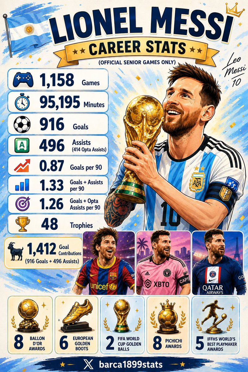 barca1899stats's tweet photo. 🎂🐐 The best footballer of all time turns 39 today. Happy Birthday, GOAT! 🇦🇷👑

🇦🇷 LIONEL MESSI CAREER STATS
🎮 1,158 official senior Games
⏱️ 95,195 Minutes
⚽ 916 Goals
🅰️ 496 Assists (414 Opta Assists)
📈 0.87 Goals per 90
📊 1.33 Goals + Assists per 90
🎯 1.26 Goals + Opta Assists per 90
🏆 48 Trophies

🥇 8 Ballon d'Or Awards
👟 6 European Golden Boots
🌎 2 FIFA World Cup Golden Balls
⚽ 8 Pichichi Awards
🎨 5 IFFHS World's Best Playmaker Awards

🐐 1,412 Goal Contributions

The greatest career football has ever seen. 🇦🇷✨