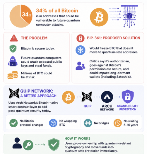 hdnakum's tweet photo. Why is everyone talking about @quipnetwork  and quantum-safe Bitcoin?

According to @Quip_Network, around 34% of all Bitcoin in circulation sits in addresses that could become vulnerable once powerful quantum computers arrive.

The problem:
🔹 Bitcoin's current cryptography is extremely secure against today's computers.
🔹 But future quantum computers may be able to crack exposed public keys and steal funds from vulnerable wallets.
🔹 Some estimates suggest millions of BTC could be at risk if the industry doesn't prepare.

One proposed solution, BIP-361, would freeze Bitcoin that doesn't move to quantum-safe addresses. Critics argue this goes against Bitcoin's permissionless nature and could impact long-dormant wallets, including coins believed to belong to Satoshi.

Quip Network is taking a different approach.
Instead of changing Bitcoin itself through a soft fork, Quip uses Arch Network's Bitcoin-native smart contract layer to add post-quantum security today.

✅ No Bitcoin protocol changes
✅ No wrapping BTC
✅ No bridges
✅ No waiting 5–10 years for a network upgrade

The system lets users prove ownership with quantum-resistant cryptography and move funds into quantum-safe protection immediately.

Quip's goal is simple: protect Bitcoin from future quantum threats without changing what makes Bitcoin, Bitcoin.