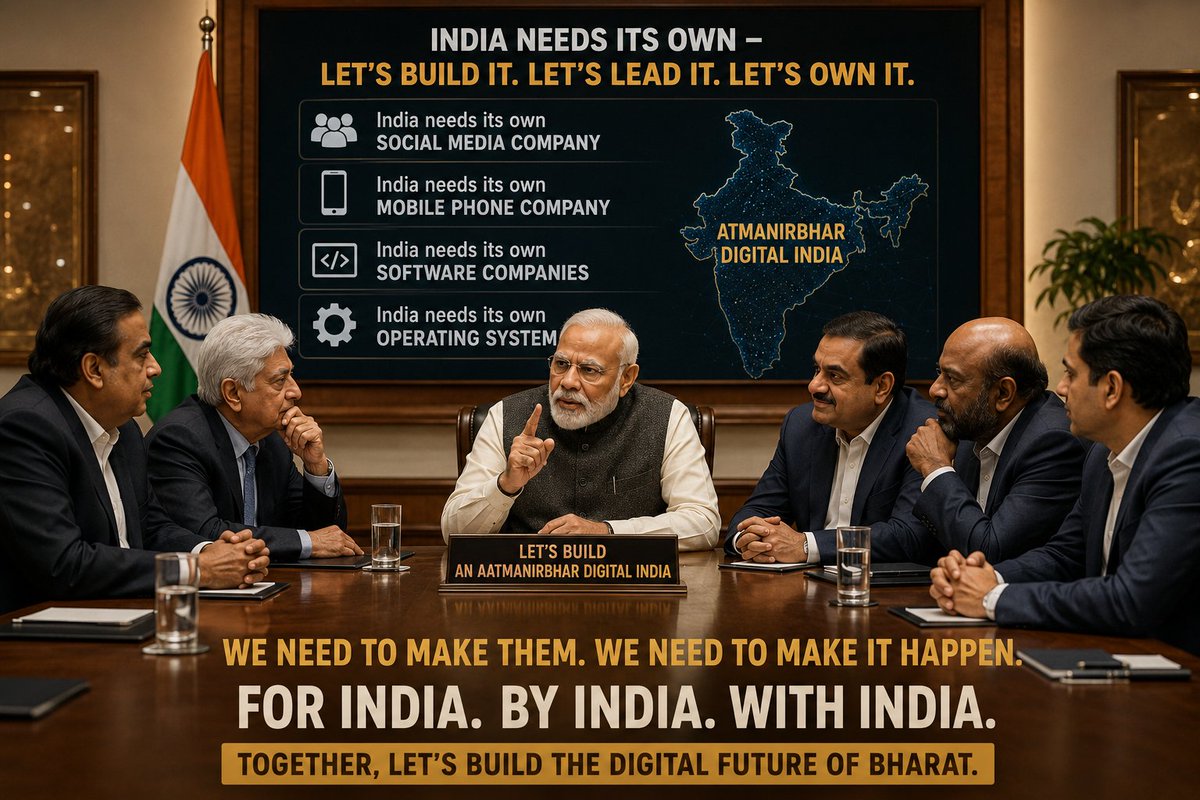 Advice4India's tweet photo. India has the talent, capital &amp; market to build global tech giants. 🇮🇳

We need Indian social media platforms, mobile phone brands, software companies, operating systems &amp; AI leaders.

@narendramodi @RIL_Updates @gautam_adani 

#AtmanirbharBharat #DigitalIndia #IndianTech https://t.co/BvcxnBo3cZ