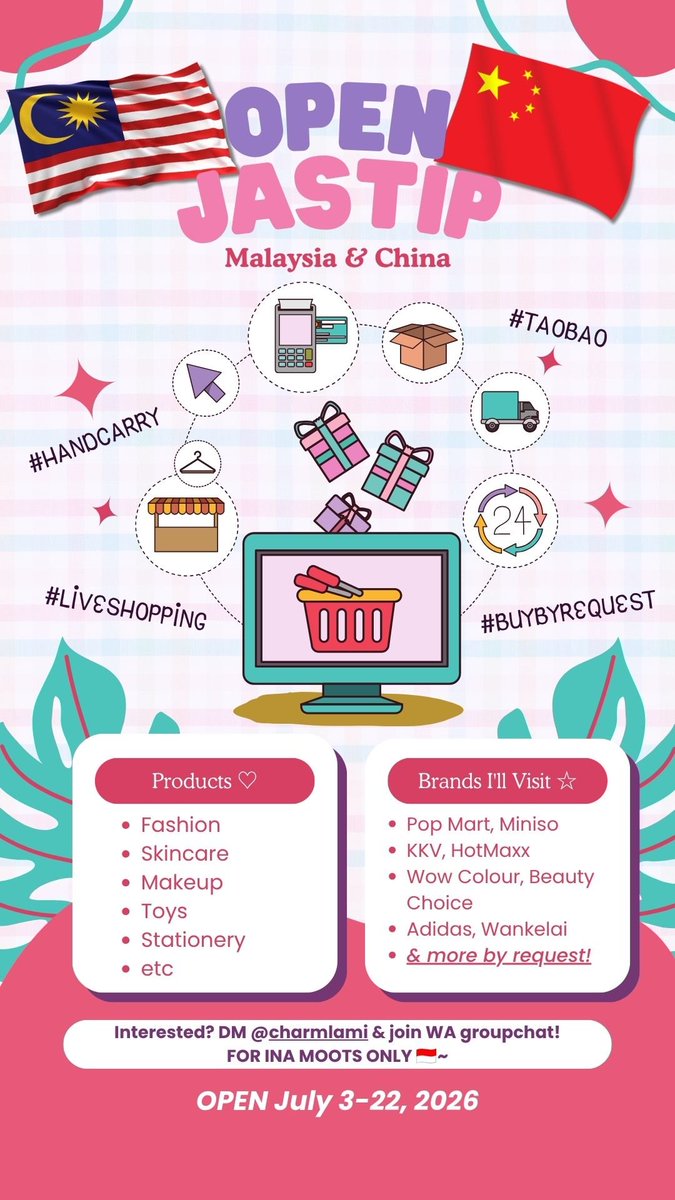 icarusheels's tweet photo. ‼️🇨🇳 open jastip handcarry china (🛩 ina) >>  2-23 july 

bisa nitip taobao + live shopping pop mart, c-beauty, cosplay, stationery, snacks, dll
bisa req barang/toko juga ^^

comment / dm utk join gc wa yaa 💜
➜ ( @/charmlami on ig ) 

lami charm's previous proofs n catalog ⏬️ https://t.co/UZkAaNj1Mw