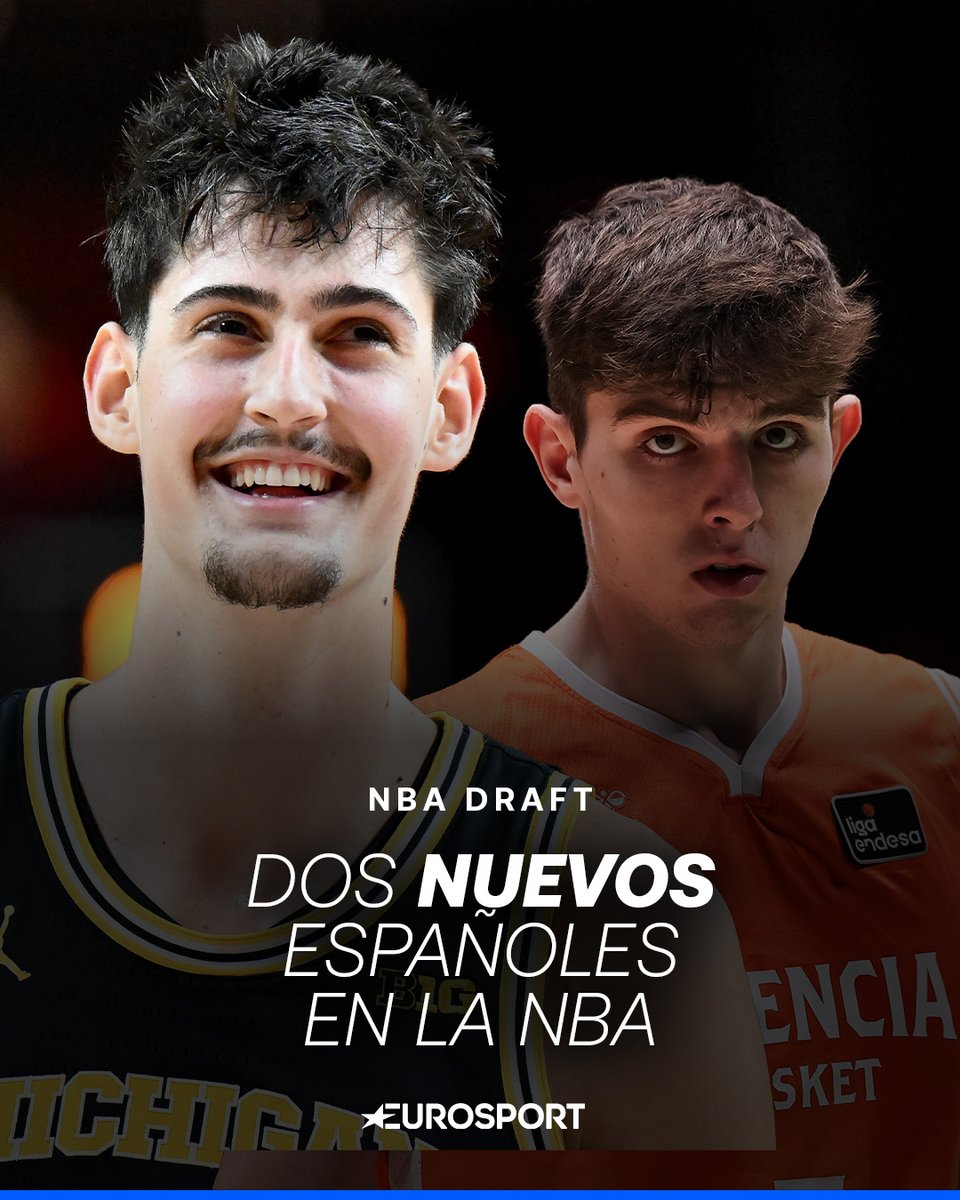 Eurosport_ES's tweet photo. Aday Mara y Sergio de Larrea aterrizan en la NBA 🏀🇪🇸

El pívot de Zaragoza, campeón con Michigan de la NCAA, se convierte en el cuarto pick español más alto de la historia y jugará en @okcthunder 

De Larrea, destino Dallas tras ser elegido por Lakers y traspasado dos veces. #NBADraft