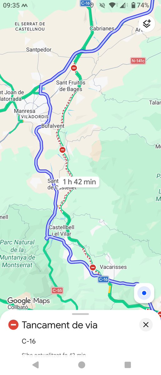 Carles_Sib's tweet photo. @transit Bon dia, això és cert?
Al mapa continu de trànsit no apareix cap incidència, la C-16 està tallada de debò? https://t.co/4PRwLqv1bt