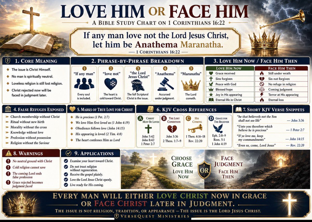 TNTJohn1717's tweet photo. 🚨‼️There is no neutral ground with the Lord Jesus Christ.

This chart breaks down 1 Corinthians 16:22 and shows the plain Bible choice: love Him now in grace or face Him later in judgment. Religion, tradition, morality, and outward profession cannot replace the Lord Jesus Christ Himself. Maranatha, the Lord cometh.