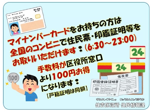 sumiyoshi_iris's tweet photo. 【住民情報課からのお知らせ】
／
コンビニ交付がお得で便利！
＼
マイナンバーカードをお持ちの方は、全国のコンビニで住民票などをお取りいただけます！
さらに住民票の手数料が100円安くなります！
詳細はこちら↓↓↓
https://t.co/0beHH07aDg https://t.co/EL6DfQv3t4