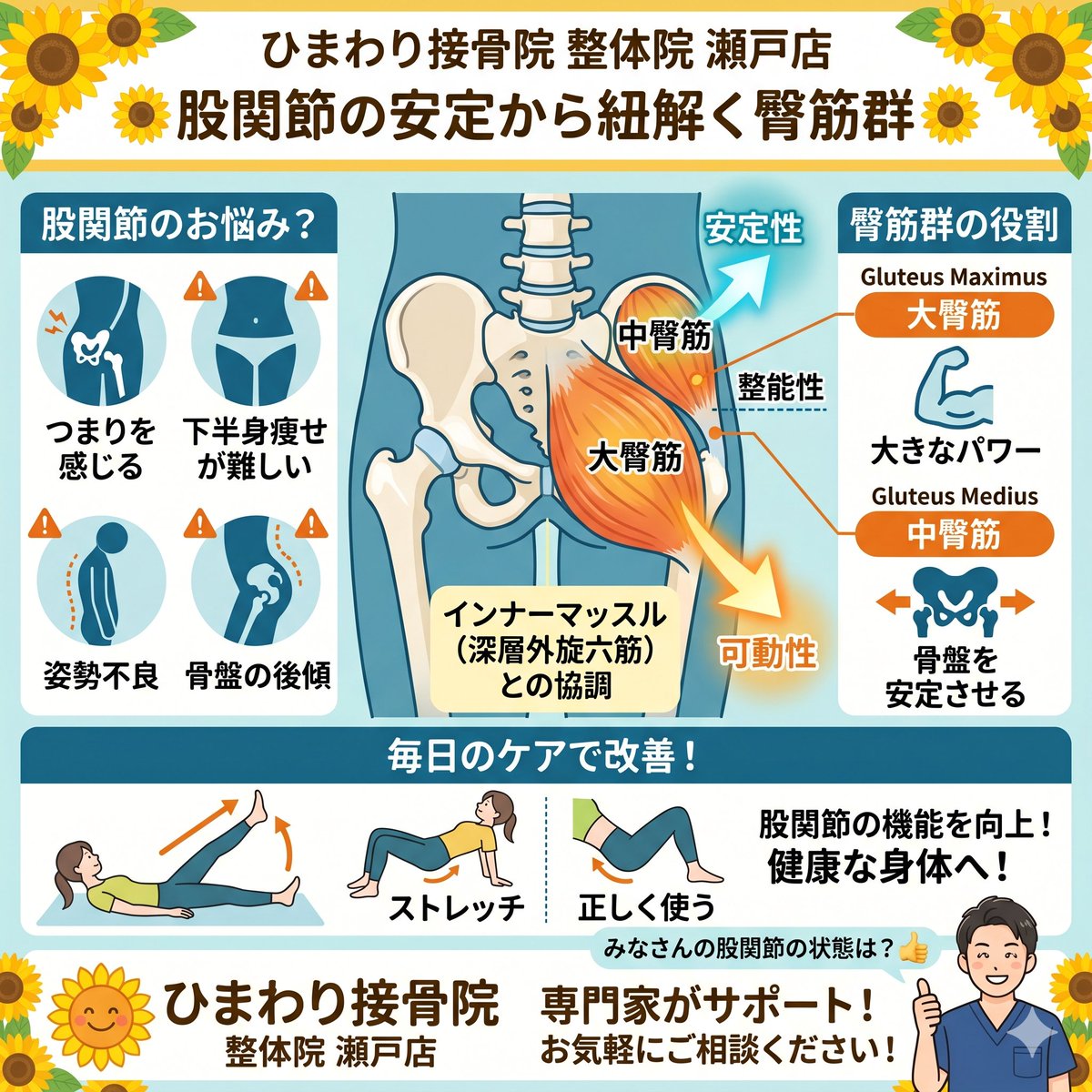 himawari_setoin's tweet photo. ✨腹筋を頑張っても��腹が引き締まらない理由は？実は、インナーマッスルがカギ🔑✨股関節の安定が重要です！深層外旋六筋や大臀筋が大活躍。股関節の目詰まりや下半身のお悩みはありませんか？一緒に解決しましょう！💪 #股関節 #臀筋群 #ひまわり接骨院 #健康 #整体 https://t.co/cCR0BfsDvC