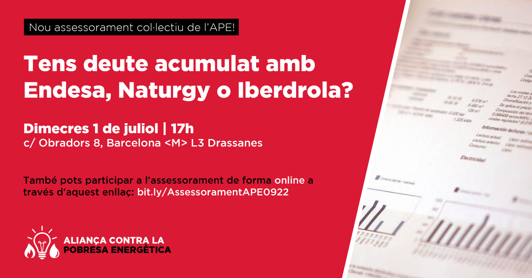 APE_Cat's tweet photo. 🔴 Tens deute acumulat amb Endesa, Naturgy o Iberdrola?

🙋‍♀️ AVUI no hi ha assessorament, el pròxim serà el:

🗓️ 1 de juliol
⏰ 17 h
📌 c/ Obradors 8, Barcelona <M> L3 Drassanes

📲 Opció online: https://t.co/LyaNHwJXX4

#AssessoramentAPE https://t.co/OhgYla8cGj
