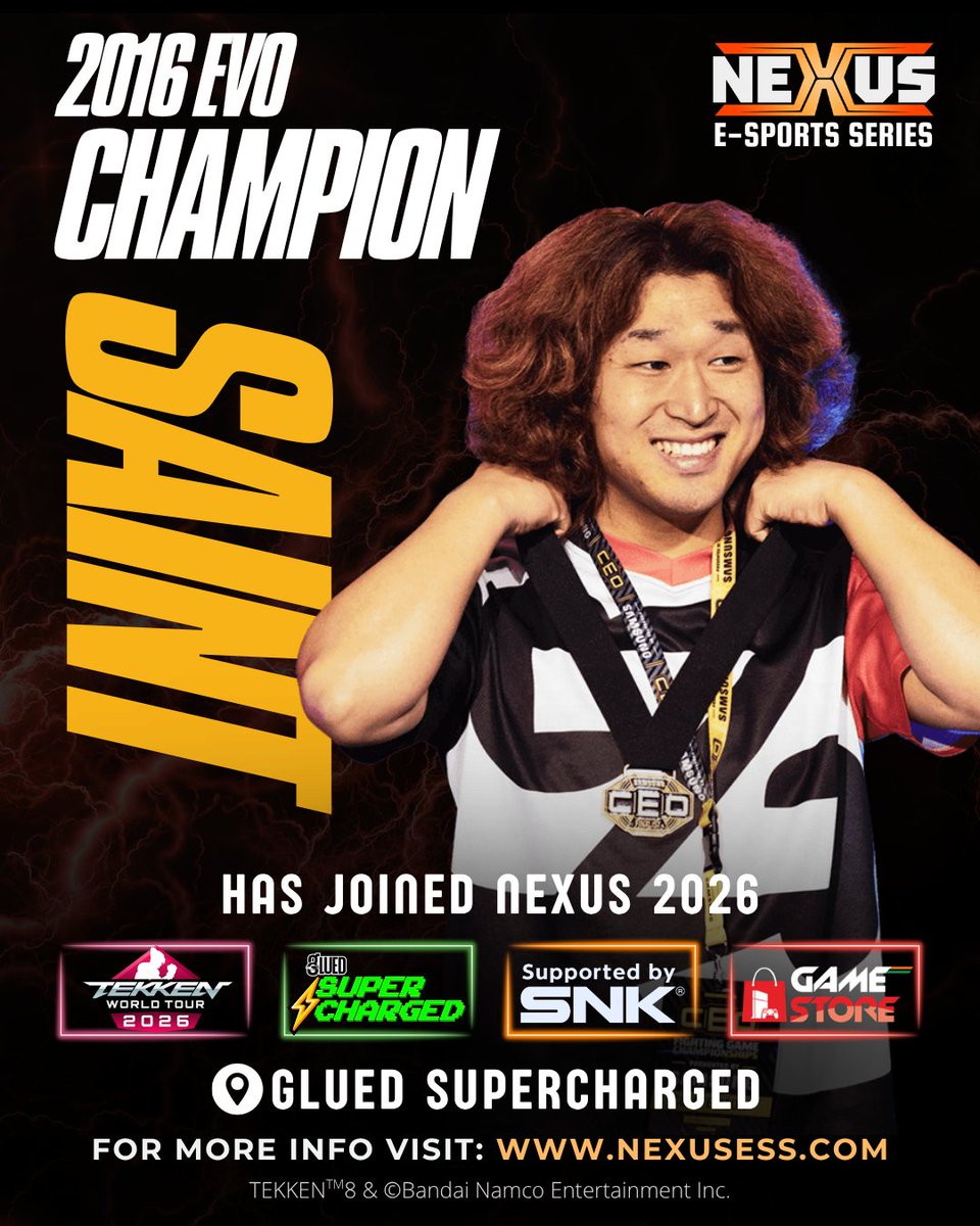 Nexus_ESS's tweet photo. 🔥 2016 EVO CHAMPION SAINT HAS JOINED NEXUS 2026! 🔥

Another champion enters the Nexus arena.
SAINT, the 2016 EVO Champion, is officially joining Nexus E-Sports Series 2026! ⚡🎮
Get ready for legendary gameplay, intense matchups, and a stacked international lineup at Glued Supercharged.

🏆 Nexus E-Sports Series 2026
👑 Featuring: 2016 EVO Champion SAINT
📍 Venue: Glued Supercharged

This is your chance to witness elite fighting game action live and be part of the Nexus experience.
🚨 Registrations are open now!
Secure your slot before it’s too late.
👉 Register Now: https://t.co/JyM88tw937

#twt2026 #swc2026 #nexusess #tekken8 #kofxv #fatalfurycityofthewolves #streetfighter6 #2xko #indianfgc #esportsindia #fightinggames #gamingtournament #competitivegaming #handsonps5