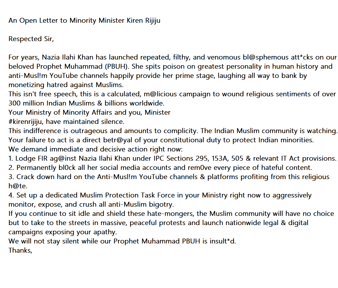 writeziya's tweet photo. When we have people like Naziya Elahi Khan from the BJP openly spewing venom and the entire party becomes a mute spectator. Mr. Kiren Rijiju - Minority Minister, please take care of this hate monger .. 
#kirenrijiju https://t.co/fE0CfXByeU