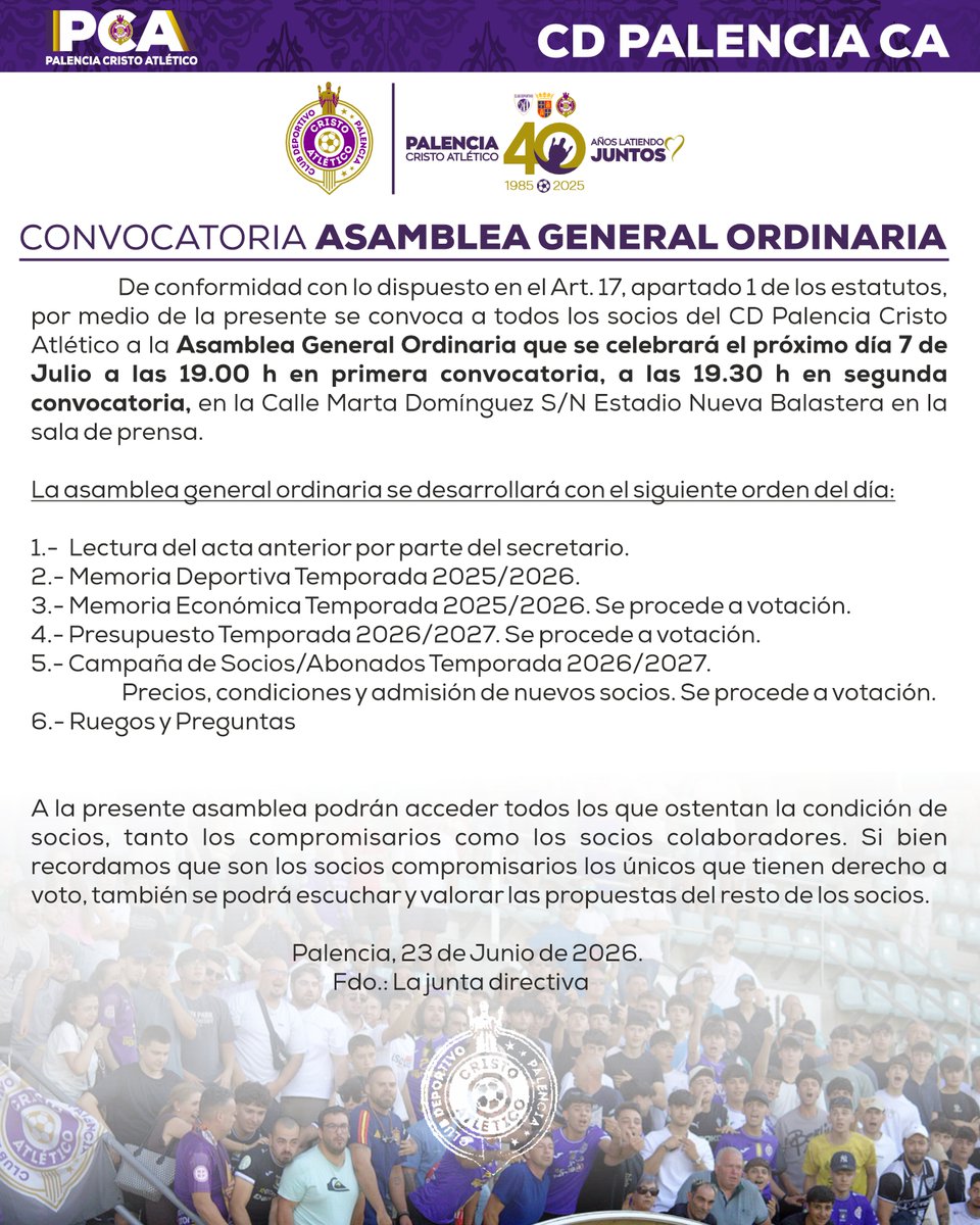 PalenciaCristo's tweet photo. 🗳️ ΛＳΛＭＢＬΞΛ
Convocatoria SOCIOS del CD Palencia Cristo Atlético para Asamblea General Ordinaria

🗓️Martes 7 de Julio

✅Momento y lugar para proponer, valorar y debatir

"Si queremos llegar más lejos, tenemos que hacerlo juntos. Los próximos cuarenta años empiezan ahora." https://t.co/UPEFPyyDtC