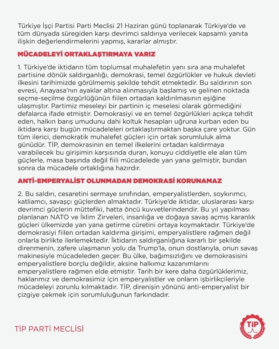 tipgenelmerkez's tweet photo. Örgütleneceğiz
Halkla Beraber Direneceğiz
Direnenleri Birleştireceğiz

Parti Meclisimiz 21 Haziran günü toplanarak Türkiye’de ve tüm dünyada süregiden karşı devrimci saldırıya verilecek kapsamlı yanıta ilişkin değerlendirmelerini yapmış, kararlar almıştır. Kamuoyuna saygıyla duyurulur.