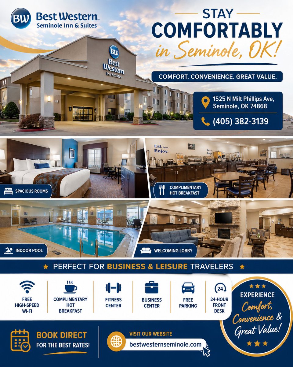 BestSeminole's tweet photo. Relax, recharge, and stay comfortably at Best Western Seminole Inn and Suites!
📷 https://t.co/8bg35aMSxN
#BestWesternSeminole #SeminoleOK #StayComfortable #TravelEasy #HotelLife https://t.co/oHYwUx9nsr