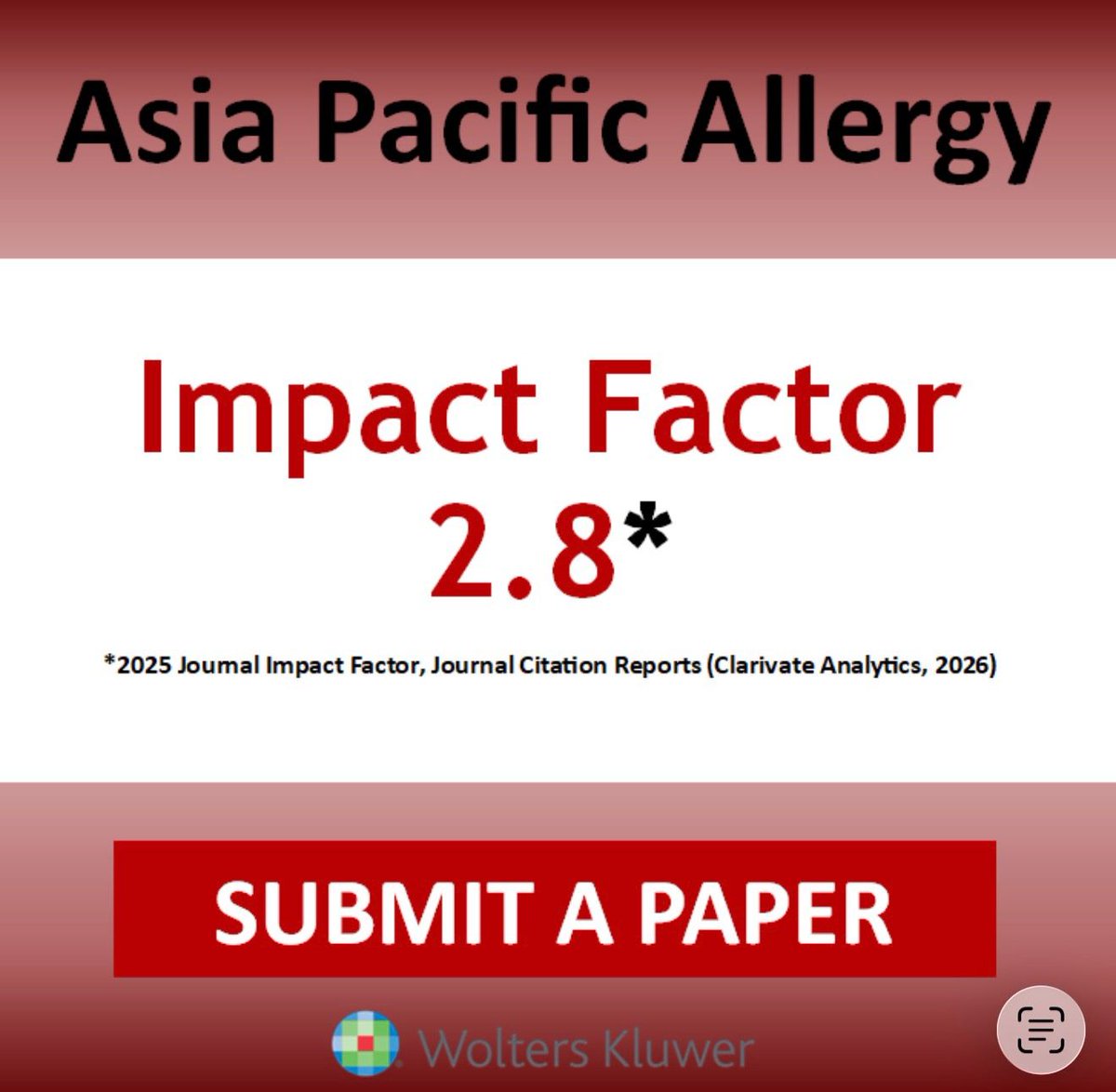 APAAACI1's tweet photo. We are proud to share that Asia Pacific Allergy, the official journal of APAAACI, has achieved an 𝐈𝐦𝐩𝐚𝐜𝐭 𝐅𝐚𝐜𝐭𝐨𝐫 𝐨𝐟 2.8.
📷𝐄𝐱𝐩𝐥𝐨𝐫𝐞: https://t.co/1UOZ9PlZfW
📷 𝐒𝐮𝐛𝐦𝐢𝐭 𝐲𝐨𝐮𝐫 𝐫𝐞𝐬𝐞𝐚𝐫𝐜𝐡: https://t.co/8SgFzHl9JK https://t.co/N78kIbUbqe