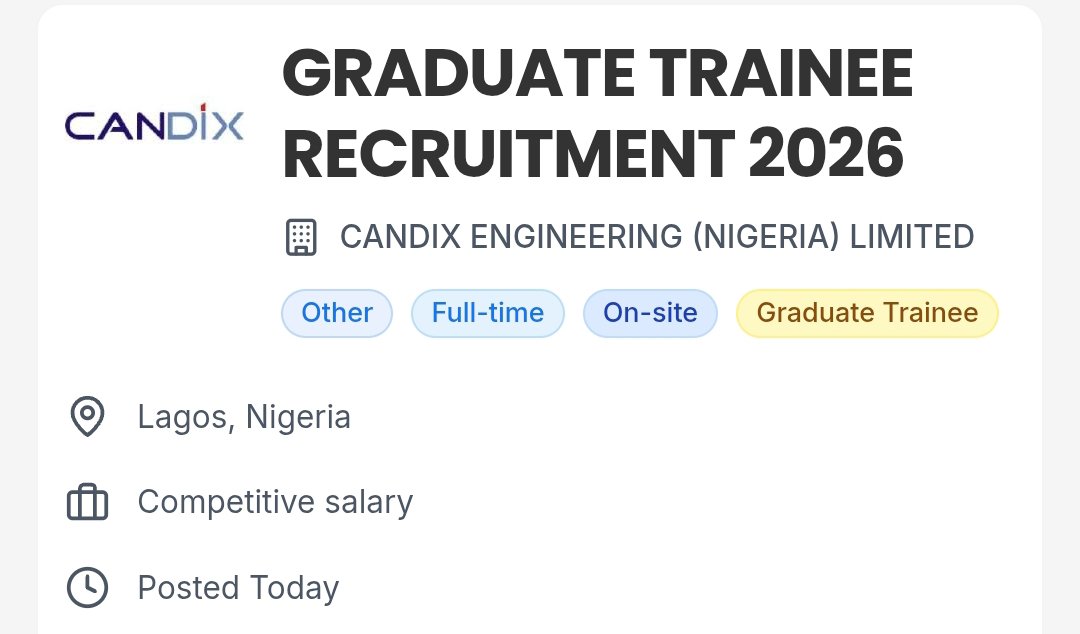 BenoHr80463's tweet photo. GRADUATE TRAINEE RECRUITMENT 2026 ‼️

CANDIX ENGINEERING (NIGERIA) LIMITED

Job Description
Launch your engineering career with Candix Engineering.

Who Can Apply?
Graduates with degrees in:
- Engineering
- Accounting
- Mathematics
- Statistics
- Banking & Finance
- Computer Science

Requirements
Minimum of Second Class Degree
0–2 Years Experience
Proficiency in Microsoft Excel (basic data analysis & reporting skills)
Good Communication Skills

How to Apply
Send your CV to:

Hr@candixdrilling.com

Email Subject: Graduate Trainee Application