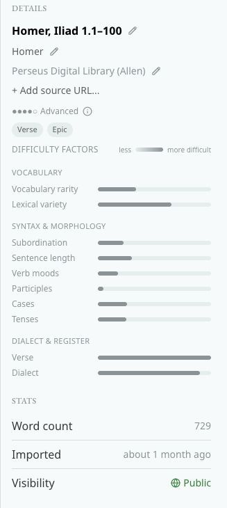 kevinpalbrecht's tweet photo. We now have calculated text difficulty live on Kevilex! Each text is scored automatically based on vocab rarity, syntax and morphology, verb tenses, etc.

I hope this can be helpful for finding new texts to read. https://t.co/GlOd1oSFhF