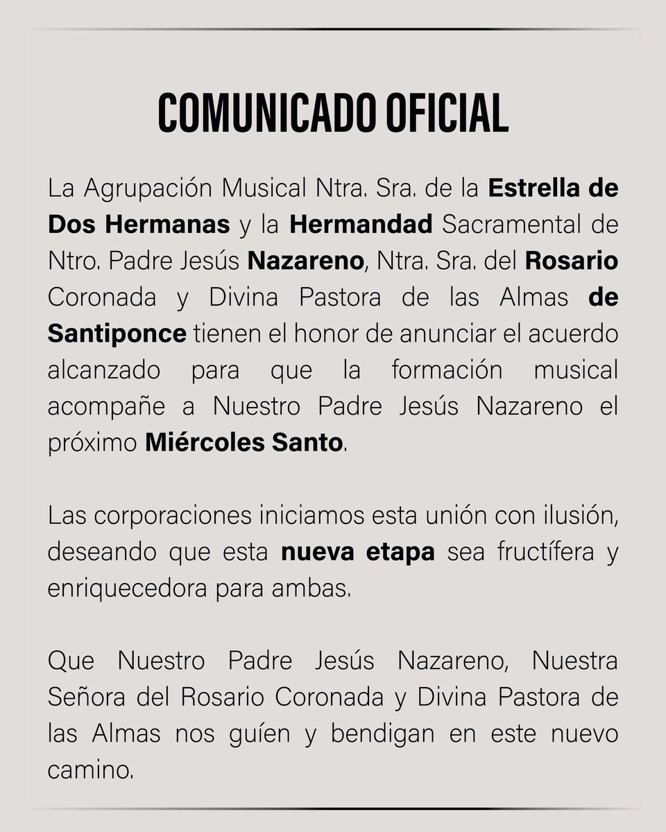 EDH_1969's tweet photo. 𝐂𝐎𝐌𝐔𝐍𝐈𝐂𝐀𝐃𝐎 𝐎𝐅𝐈𝐂𝐈𝐀𝐋 |

La Agrupación Musical Ntra. Sra. de la Estrella acompañará a Nuestro Padre Jesús Nazareno de la Hermandad del Rosario de Santiponce el próximo Miércoles Santo.

#SientelaEstrella #EstrelladeDosHermanas https://t.co/1dVLotRVDt