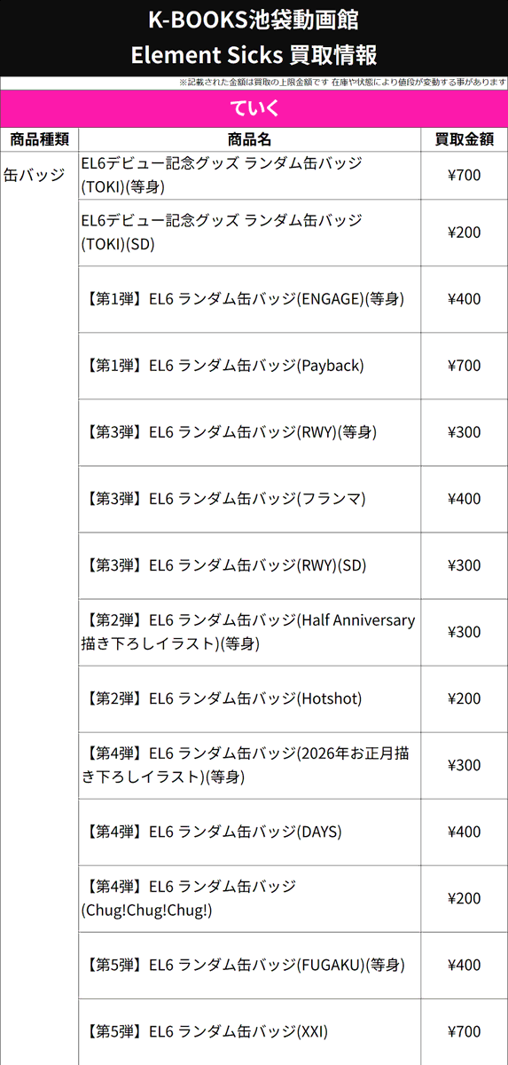 ていく EL6 FUGAKU 缶バッジ 第5弾 8点 買取情報】 💎Element Sicks💎 🩷 ていく さん 💮 缶バッジ 各種 第5弾