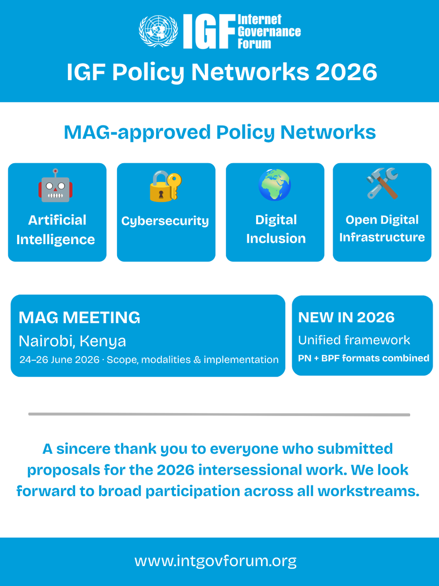 intgovforum's tweet photo. The Multistakeholder Advisory Group (MAG) has approved four Policy Networks for the 2026 IGF cycle.

Join the ongoing first IGF 2026 Open Consultations and MAG Meeting (24–26 June) to advance these workstreams.

Watch: https://t.co/xXMLchTG3c
Participate: https://t.co/GSwa1VKXJw https://t.co/nZX7gnRDla