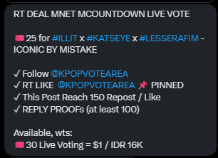 FearnotVoting's tweet photo. RT DEAL MNET MCOUNTDOWN LIVE VOTE
 
🎟️25 for #ILLIT x #KATSEYE x #LESSERAFIM - ICONIC BY MISTAKE

✓ Follow @KPOPVOTEAREA
✓ RT LIKE  @KPOPVOTEAREA 📌 PINNED
✓ This Post Reach 150 Repost / Like 
✓ REPLY PROOFs (at least 100)

Available, wts:
🎟️30 Live Voting = $1 / IDR 16K https://t.co/Szy1QBU2Uj