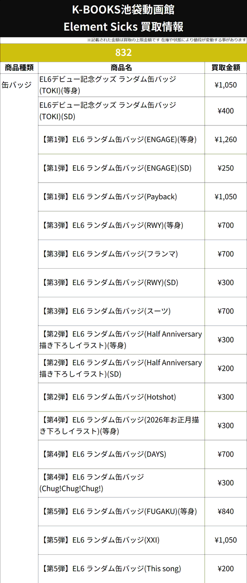 買取情報】 💎Element Sicks💎 💛 832 さん 8️⃣ 缶バッジ 各種 第5弾