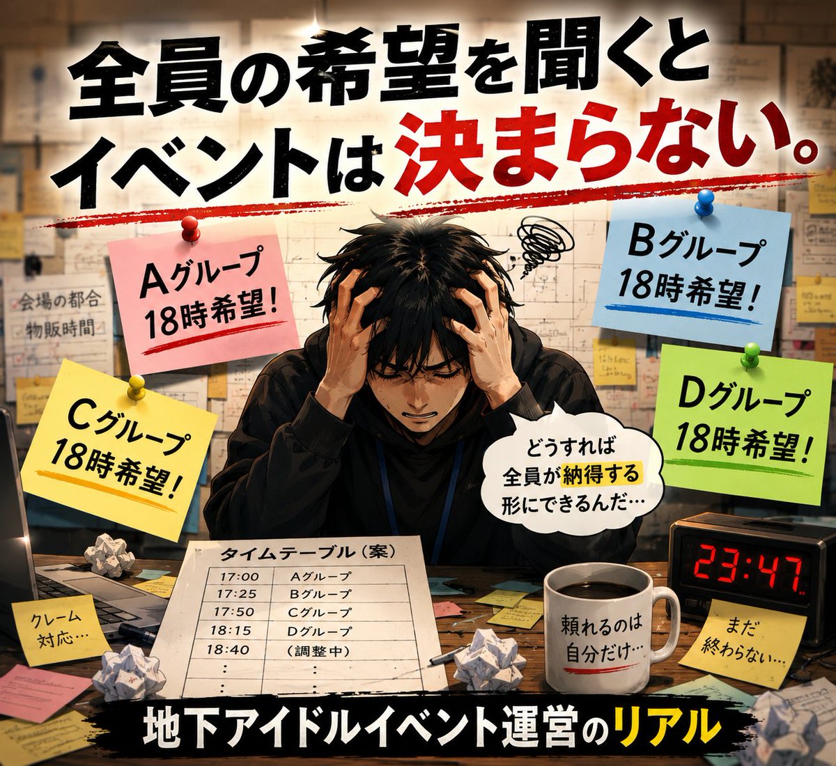 triggerpoint_jp's tweet photo. 地下アイドルイベントで一番大変なのはタイムテーブル作成ではありません。

全員の希望を聞きながら、
全員が納得できる形を探すことです。
主催を経験した人なら分かると思います。

むしろタイテを作ってからが本番↓ https://t.co/ZbebSlWUXJ