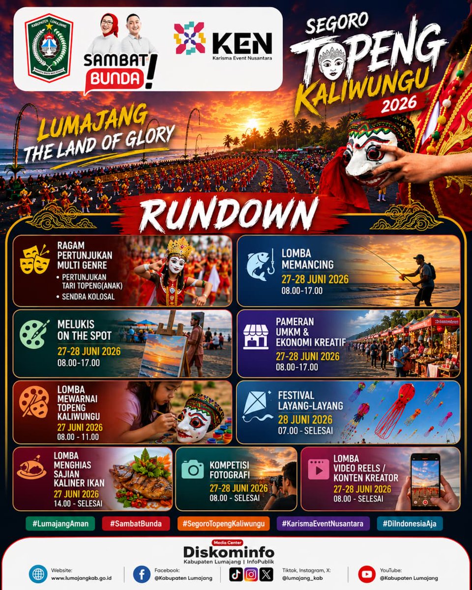 DINAS_KOMINFO's tweet photo. H-3 menuju kemeriahan Segoro Topeng Kaliwungu Jaran Kencak 2026! 👺🌊✨

Catat tanggalnya, ajak keluarga dan sahabat, lalu rayakan budaya lokal bersama di tepi pantai selatan! 🎭🐎🔥

#SegoroTopengKaliwungu #KarismaEventNusantara #DiIndonesiaAja #LumajangAman #SambatBunda https://t.co/l3wzG7xC33