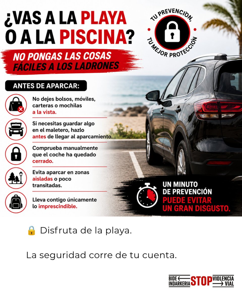 bide_indarkeria's tweet photo. ⏱️ Prebentzioan emandako minutu batek ezusteko handi bat saihestu dezake.

🏖️ Zein da zure segurtasun-aholkurik onena hondartzara edo igerilekura joatean?

#Stopviolenciavial #veranoseguro #caretera #seguridad https://t.co/besAYMzBhC