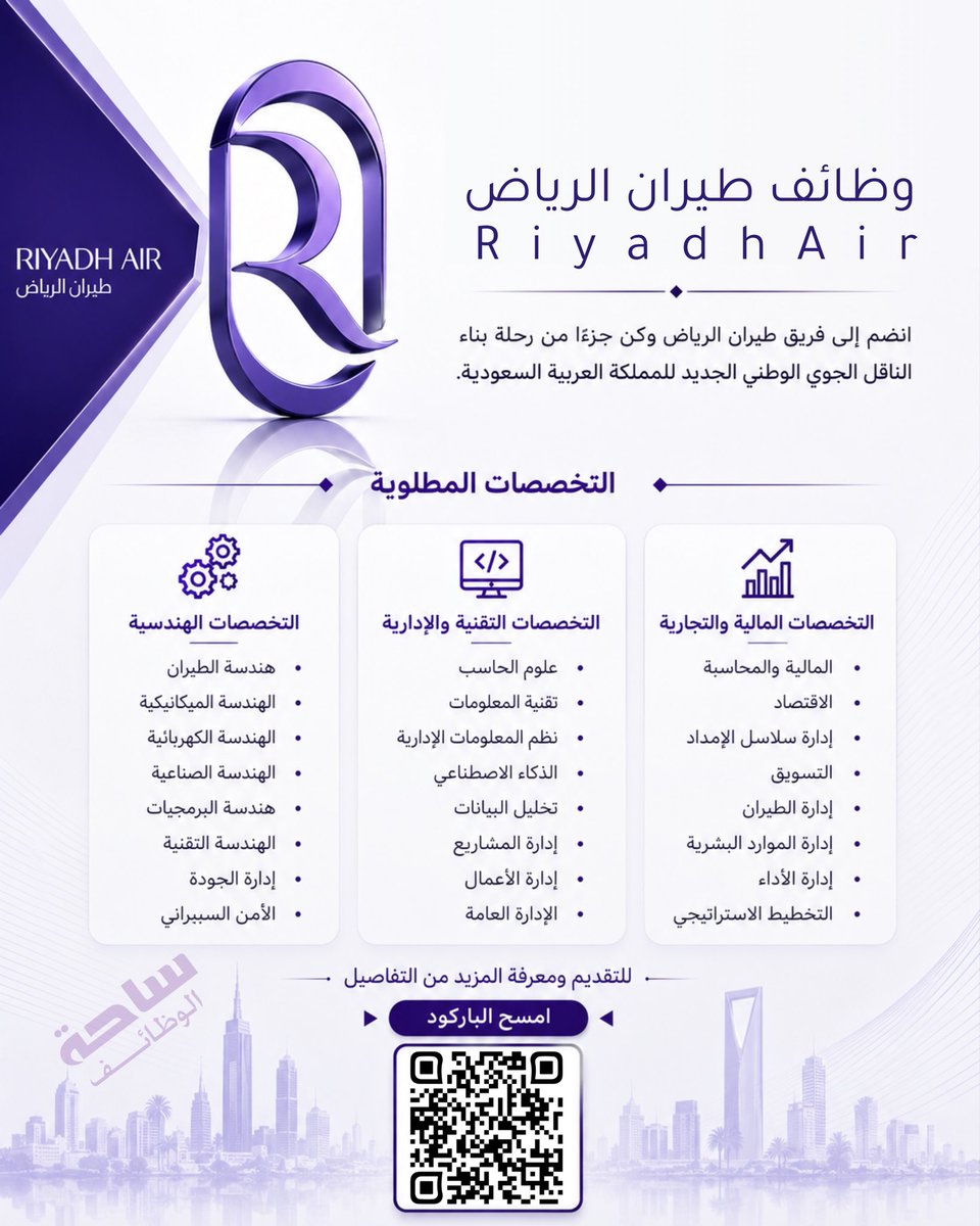YourJobs_KSA's tweet photo. 🚀 انضم إلى الناقل الوطني الجديد للمملكة( طيران الرياض):

أكثر من 40 فرصة وظيفية في طيران الرياض بمجالات تقنية وإدارية وهندسية ومالية للعمل بمدينة الرياض.

⬅️ التقديم:
(https://t.co/iefaWlm1lJ) https://t.co/TsCCP8Uqwx
