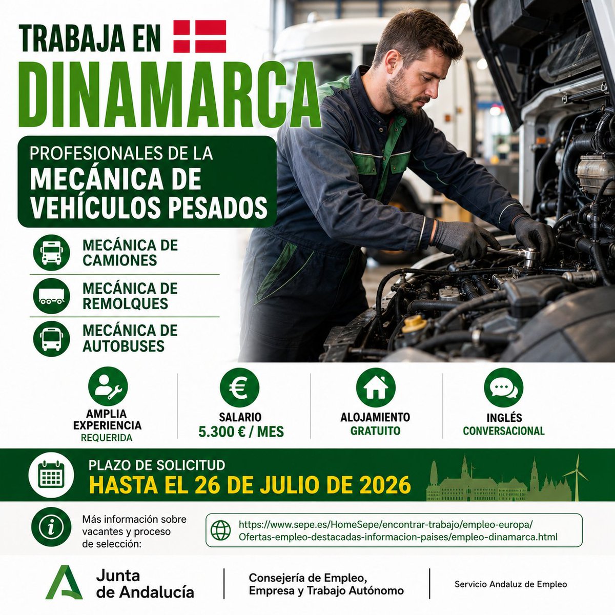 SAEmpleo's tweet photo. 🇩🇰 EURES busca profesionales de la mecánica de vehículos pesados para trabajar en Dinamarca.
🔧 Camiones
🚛 Remolques
🚌 Autobuses
✅ 5.300 €/mes
✅ Alojamiento gratuito
📅 Solicitudes hasta el 26/07/2026
ℹ️ https://t.co/34AcwA8Vu8 https://t.co/ZO0IeEjHUo